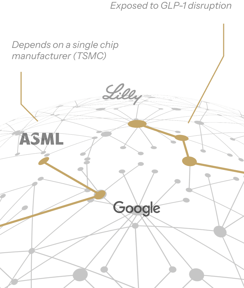 A LAN.Q knowledge graph linking holdings to the shared dependencies — supply chains, customers, regulators, and geographies — that a single sector label can't reveal